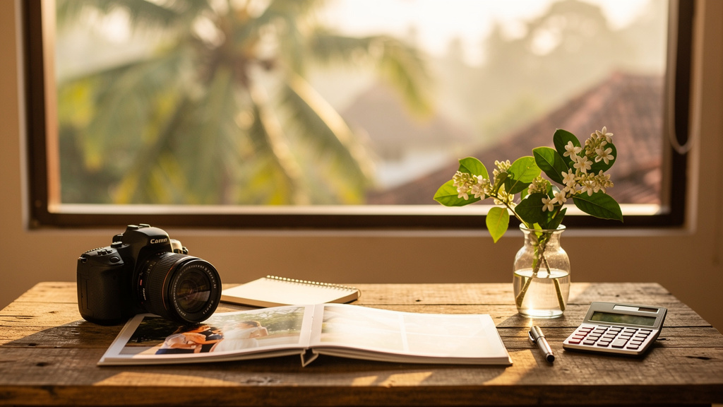 A photographer's desk with a camera, sample album, notebook and calculator