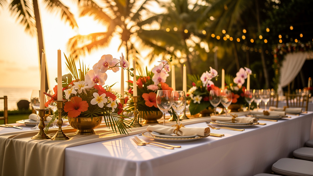 A decorated outdoor wedding reception table at golden hour