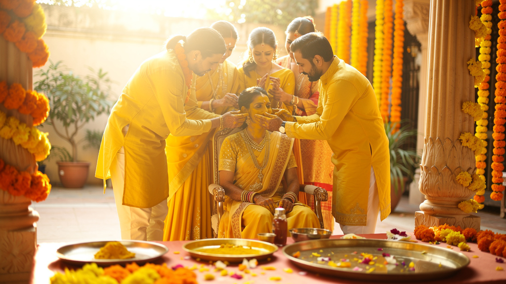 Relatives in yellow outfits applying turmeric paste during a haldi ceremony in a marigold-decorated courtyard